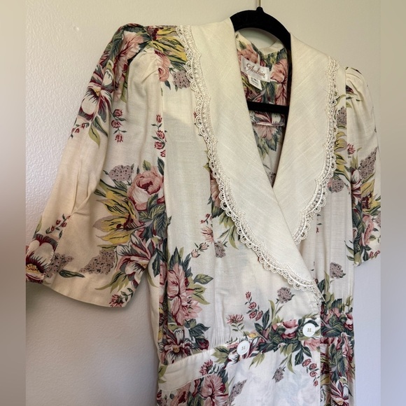 Vintage cottagecore Ambria Floral faux wrap, maxi  Dress with lace collar size 8 - Picture 3 of 11